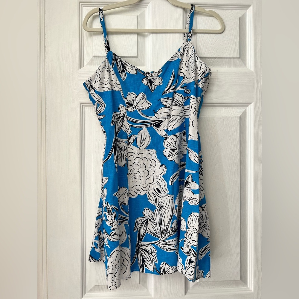 Zara Blue White Floral Linen Blend Mini Dress Size L
